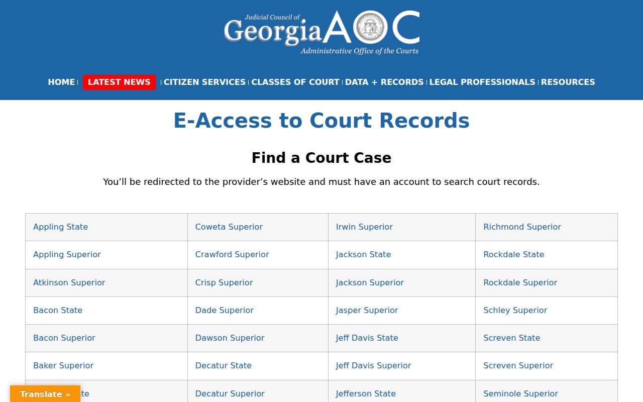 Georgia E-Access directory listing for Baker County Superior Court