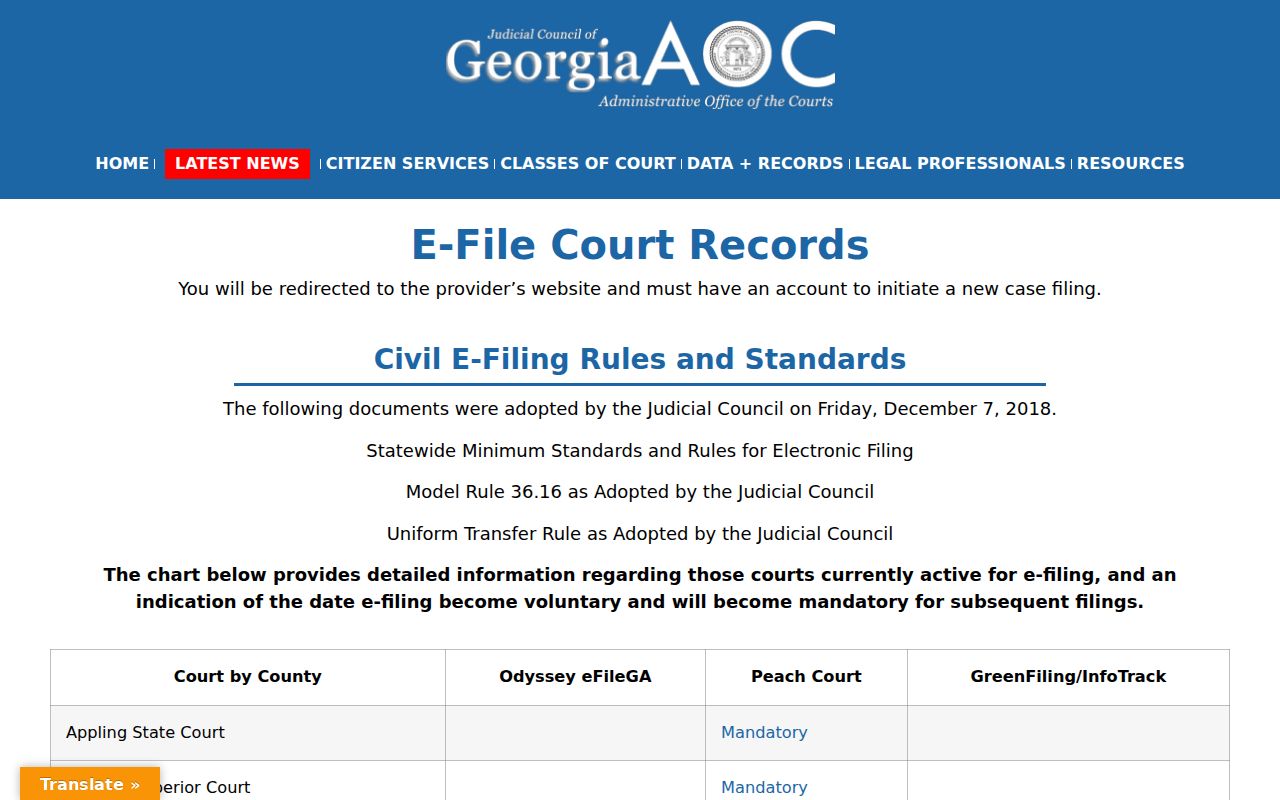 Georgia e-filing chart listing Baker Superior Court vendor availability