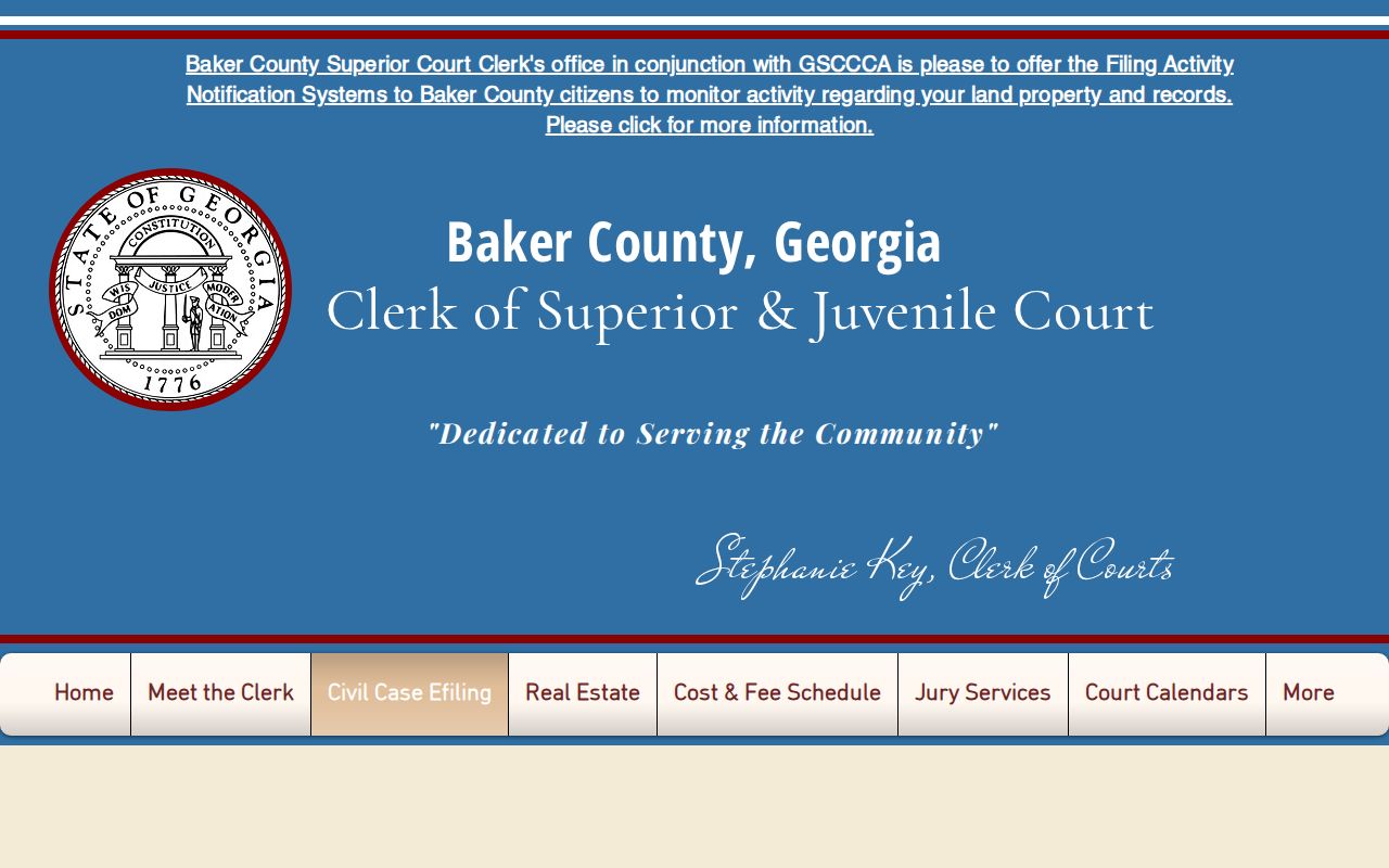 Baker County Clerk civil e-filing notice identifying PeachCourt