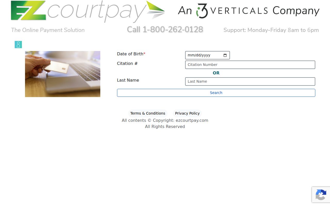 EZCourtPay search with date of birth, citation number, and last name fields