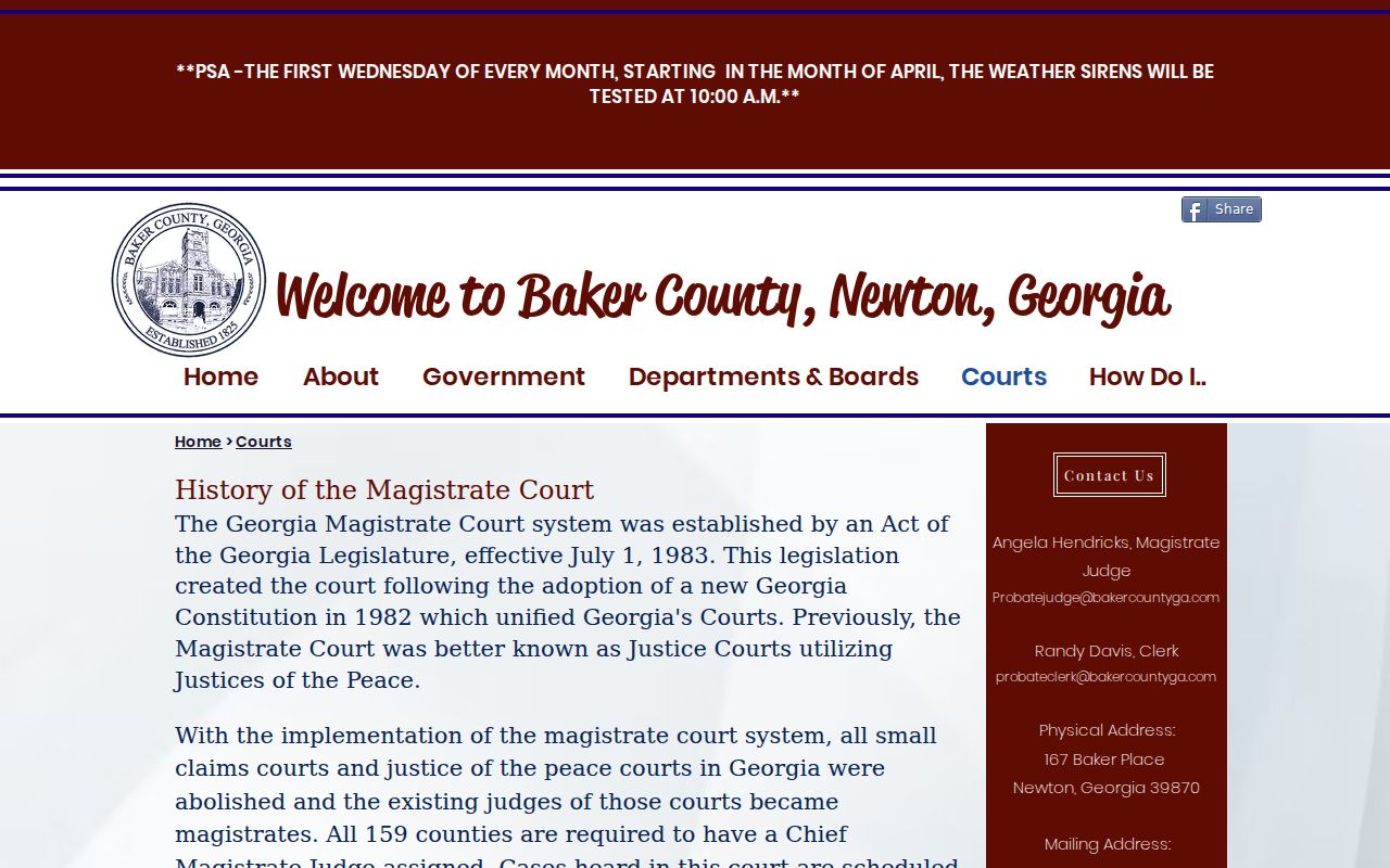 Baker County Magistrate Court page with traffic ticket service link